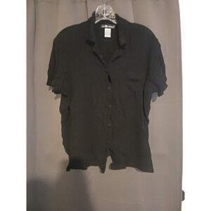Sag Harbor Black Collared‎ Button Down, Women's Large Shirt, Short Sleeve V-Neck